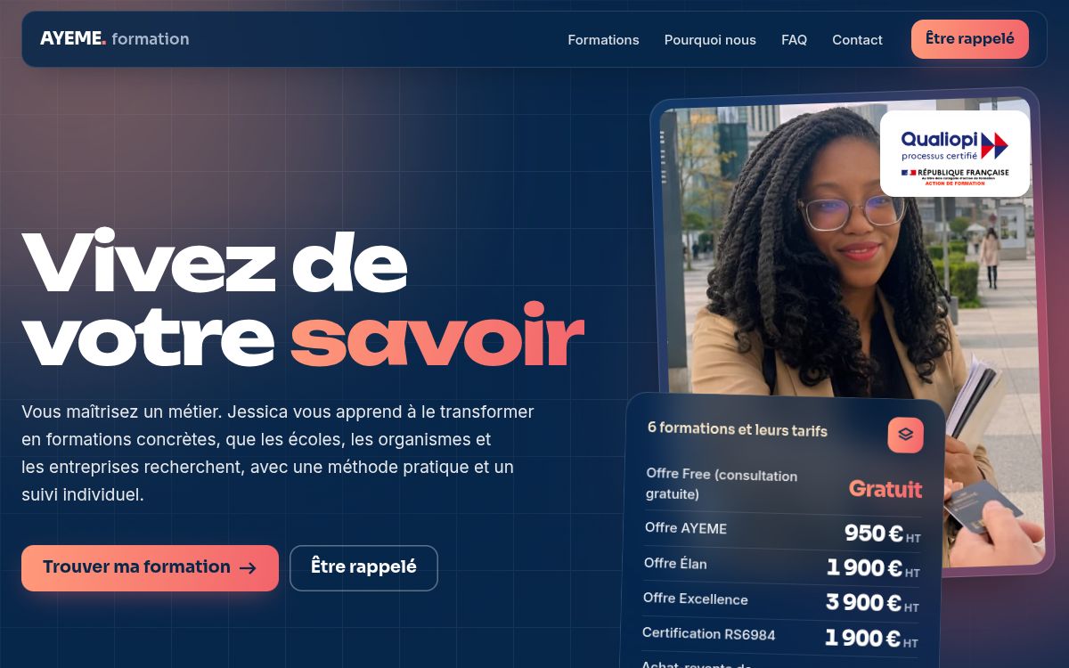 Page d’accueil du site internet pour un organisme de formation de formateurs à France